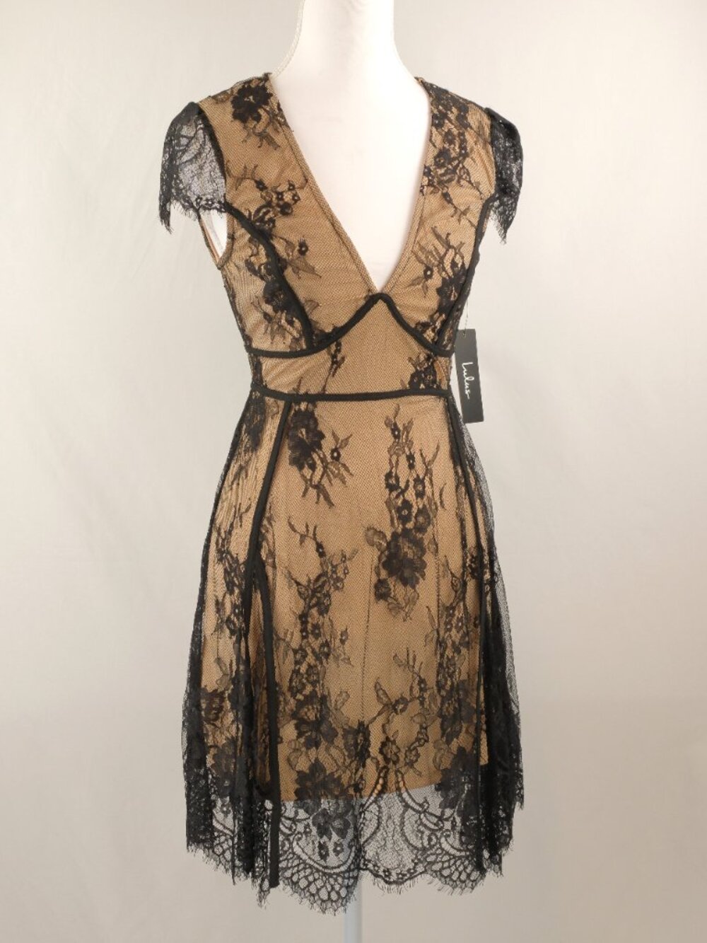 Lulu's Liano Black Floral Lace V Neck Skater A-Line Mini Dress, Beige/Black, XS